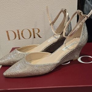 L.K. Bennett Champagne Gold Glitter Pointed-Toe Wedge Ankle-Strap Shoes